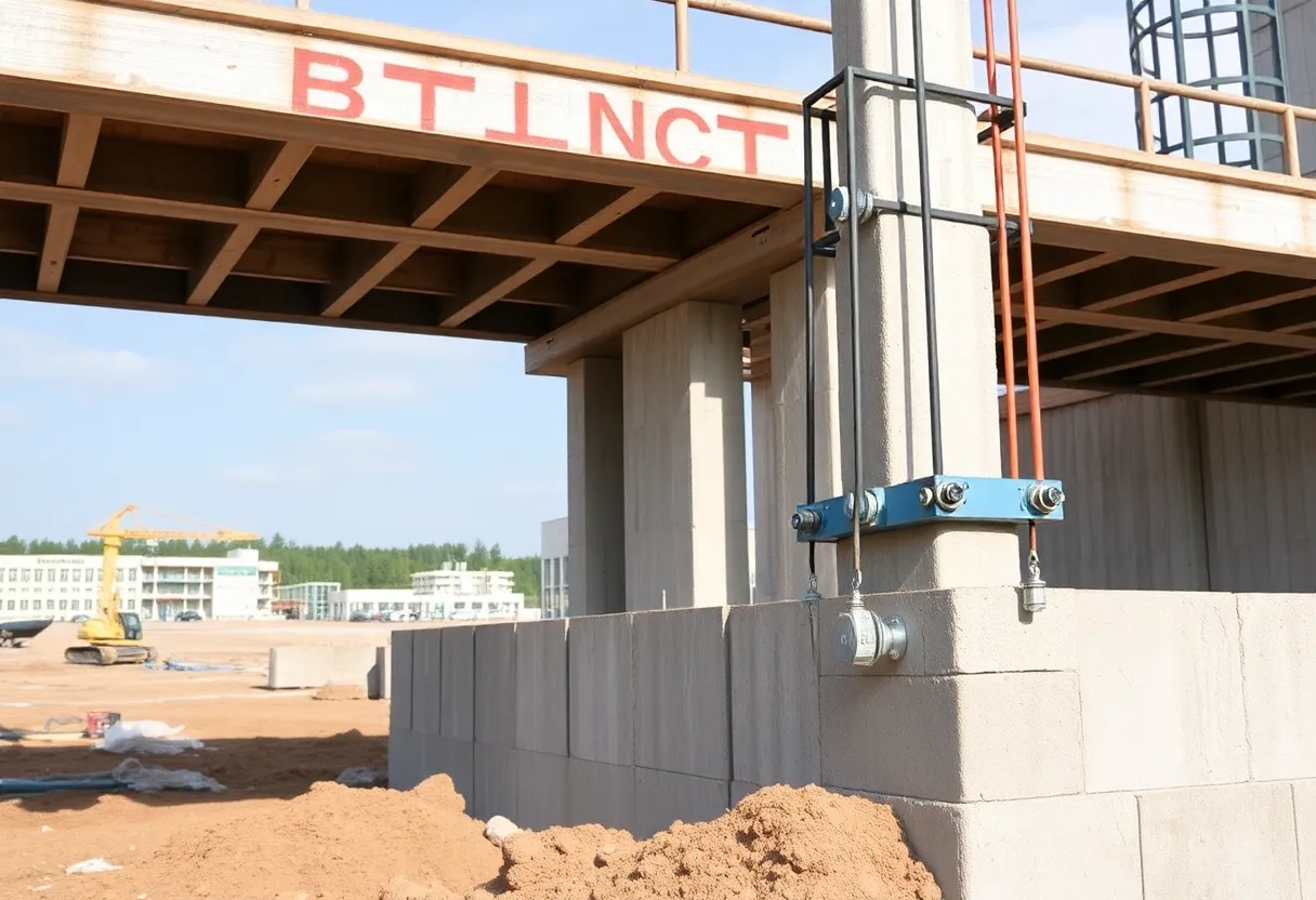 Construction workers installing post-installed connections in structural elements.