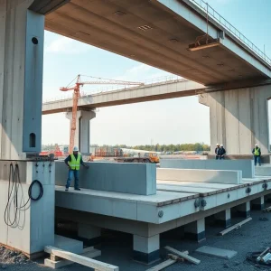 Construction site featuring precast concrete elements being installed.