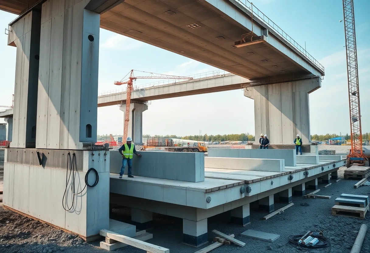 Construction site featuring precast concrete elements being installed.