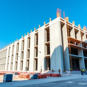 Construction site of the new Raleigh City Hall with precast concrete panels