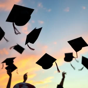 Graduation caps tossed in celebration against a sunset sky.