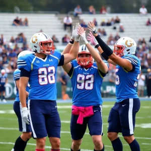 Football players celebrating teamwork and strategy on the field.