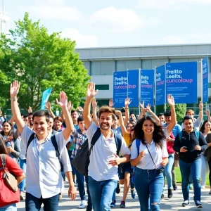 Dynamic campus scene with enthusiastic students and recruitment banners.