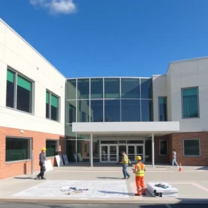 Modern school building with construction workers and blueprints.