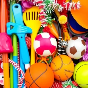 Vibrant sports equipment and festive decorations blend together.