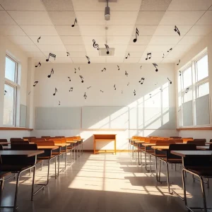 Empty classroom with musical notes floating in sunlight.