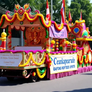 Colorful parade floats with festive decorations and sports banners.