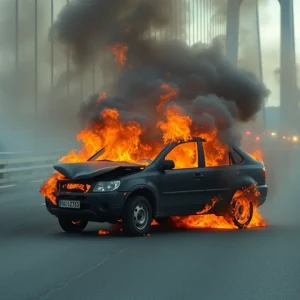 A scene of a car crash on Virginia Dare Memorial Bridge with flames and smoke.