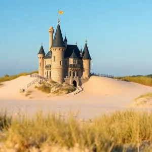 A quaint miniature castle emerging from the sands at Jockey's Ridge State Park in the Outer Banks.