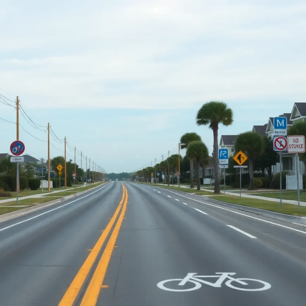 A quiet road in Nags Head with bicycle lanes and safety signs.