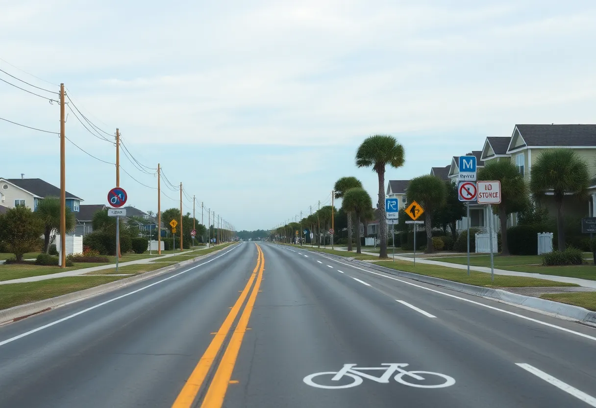 A quiet road in Nags Head with bicycle lanes and safety signs.