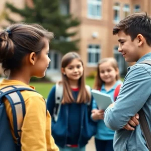 Students discussing school safety rules in front of a school building.