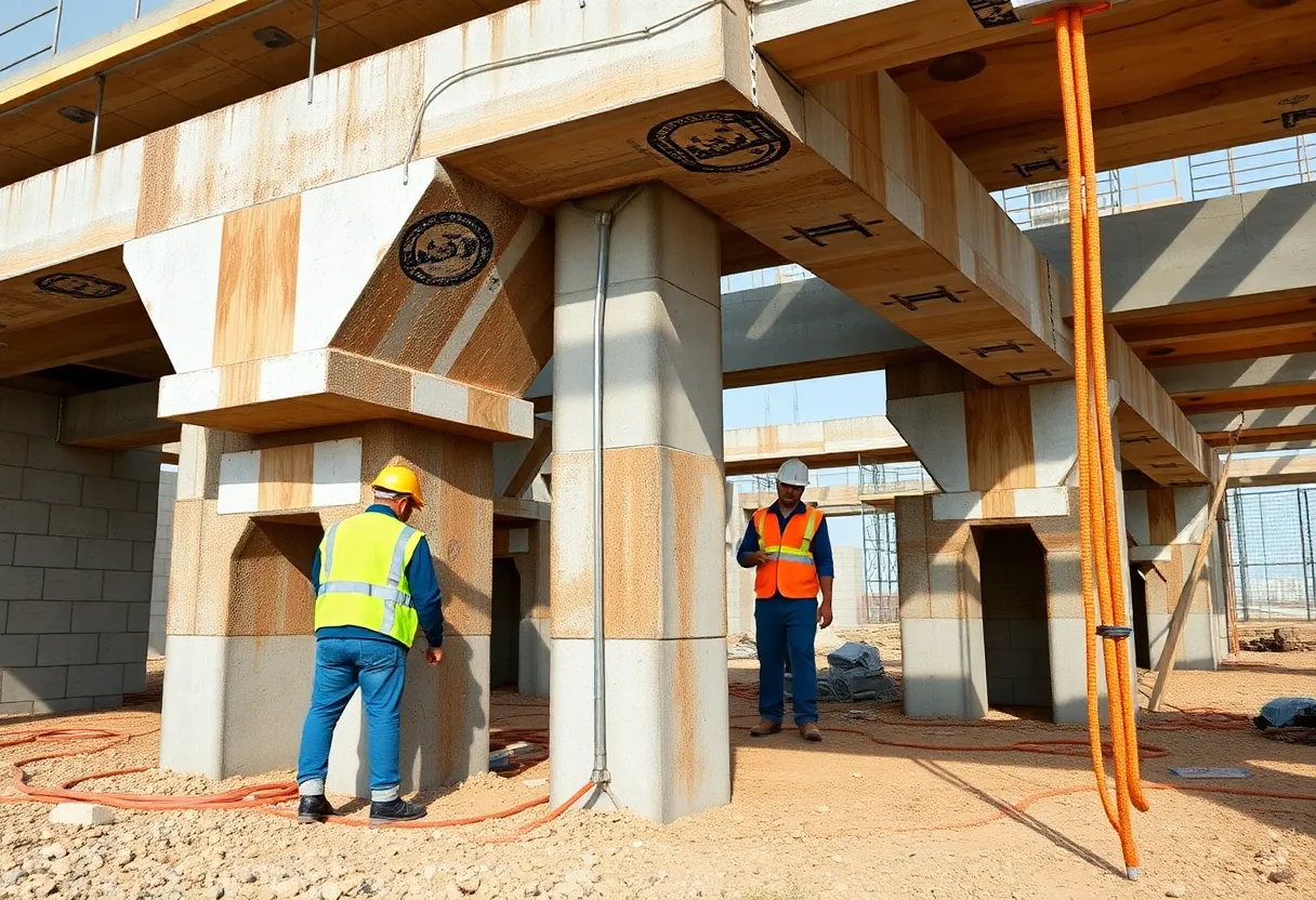 Construction workers inspecting joints in double-tee structures