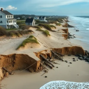 Eroded coastline of Rodanthe, North Carolina with collapsed homes.