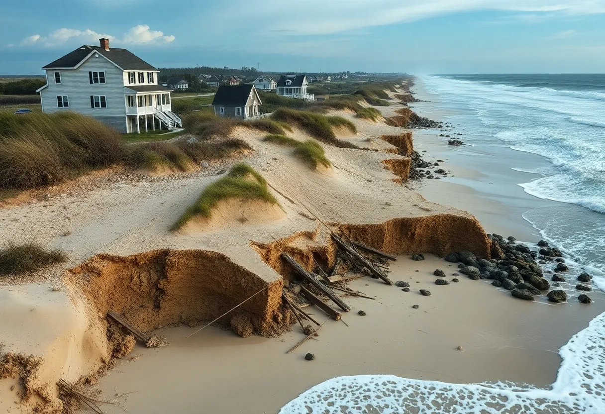 Eroded coastline of Rodanthe, North Carolina with collapsed homes.