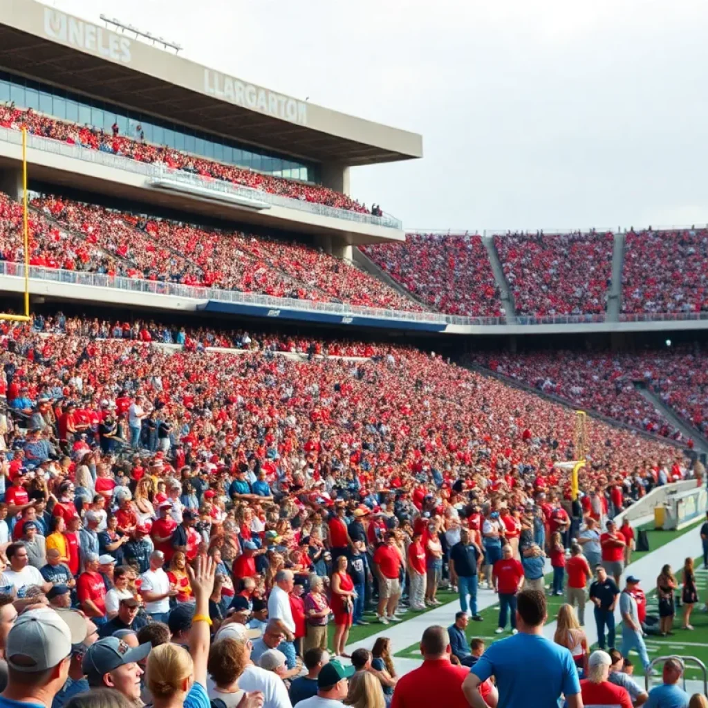 Fans cheering at a college football game in a stadium