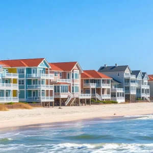 Vibrant beachfront homes with ocean waves