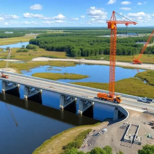 Construction scene of the new Alligator River Bridge over the Alligator River