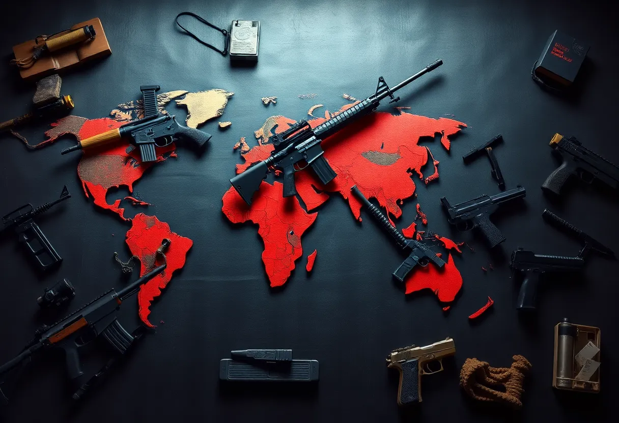 Illustration of arms trafficking depicting global smuggling routes.