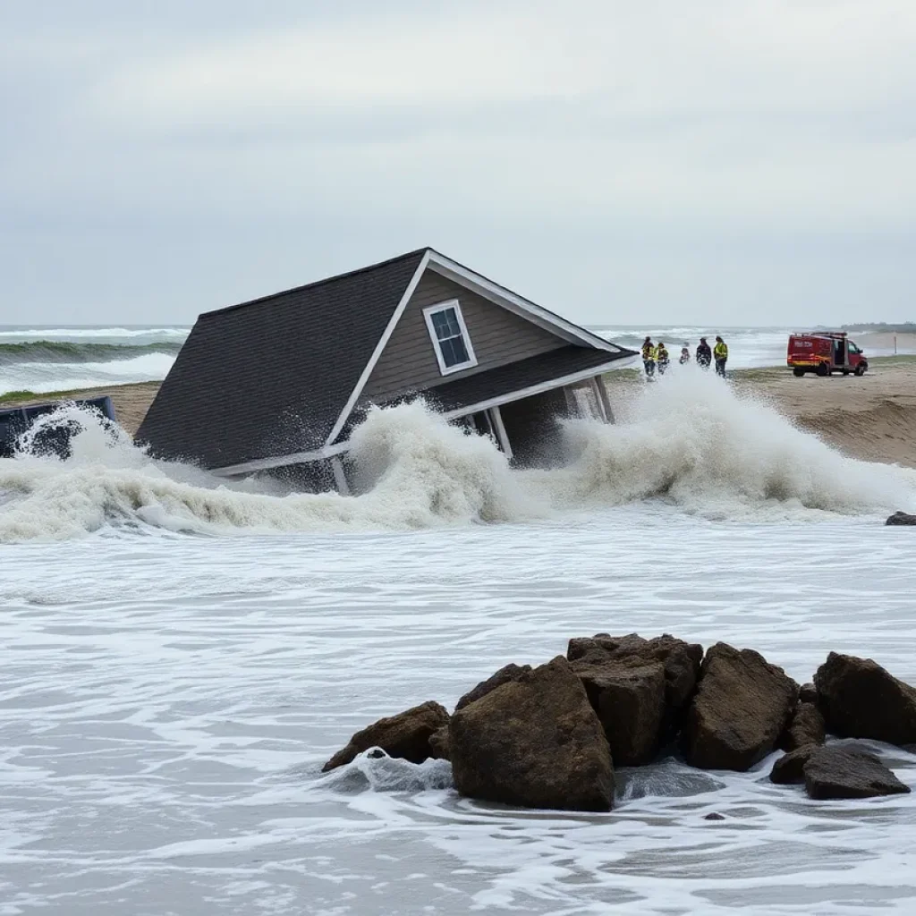 A house collapsing into the ocean at Cape Hatteras amidst severe coastal erosion.