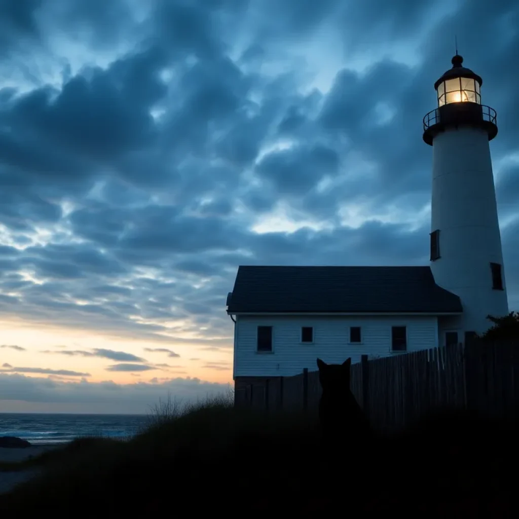 The Cape Hatteras Lighthouse surrounded by a mystical atmosphere and a faint ghost cat apparition.