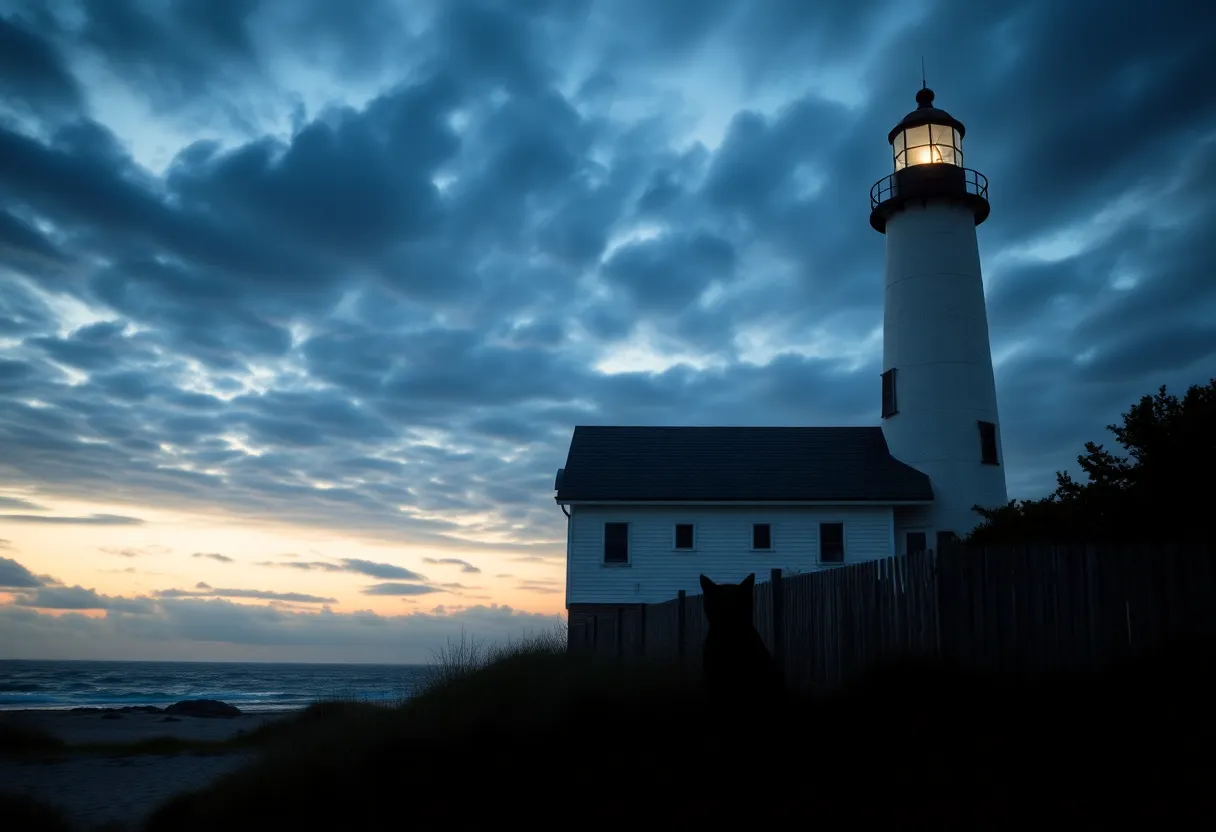 The Cape Hatteras Lighthouse surrounded by a mystical atmosphere and a faint ghost cat apparition.