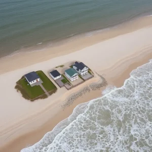 Aerial view of beachfront homes threatened by coastal erosion in Rodanthe, N.C.