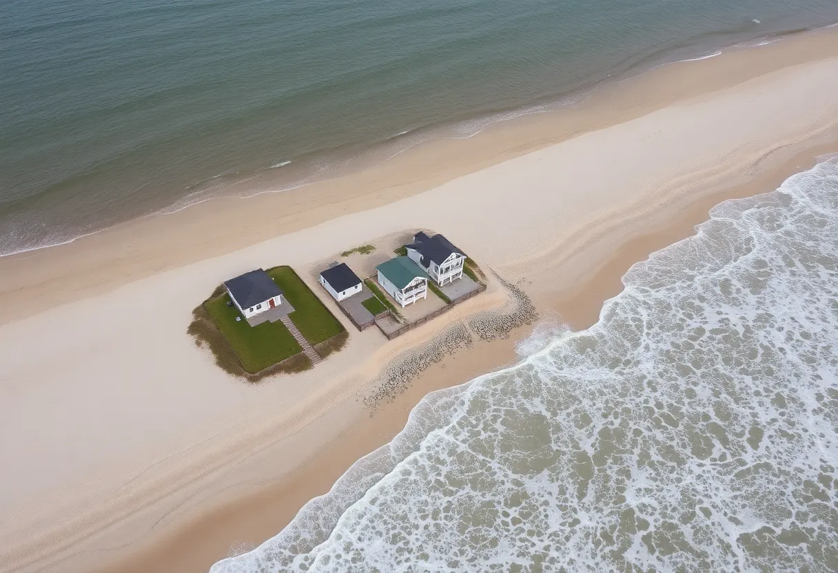 Aerial view of beachfront homes threatened by coastal erosion in Rodanthe, N.C.