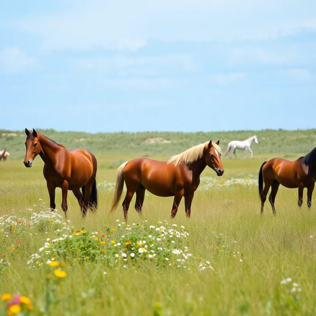 Wild horses grazing in a meadow on Corolla Beach, North Carolina.