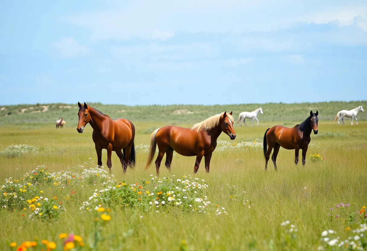 Wild horses grazing in a meadow on Corolla Beach, North Carolina.