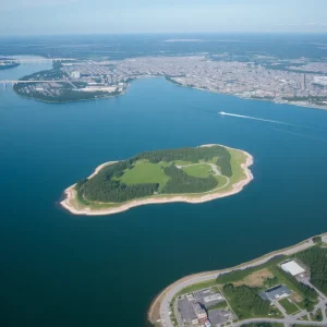 Aerial view of Duck Island development site along the Fraser River