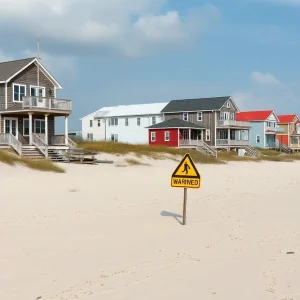 Collapsed beach house on Hatteras Island with warning signs