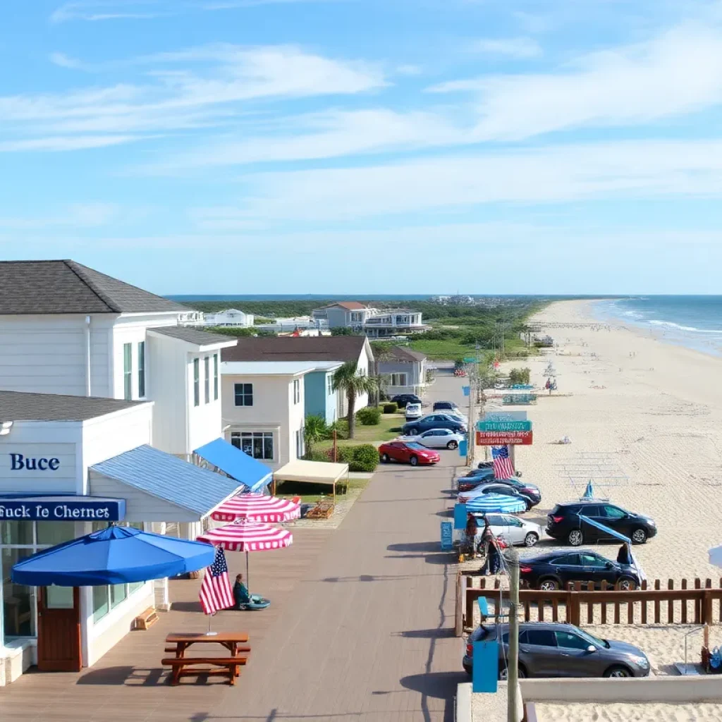 Vibrant coastal scene of Hatteras Island with local businesses and beach.