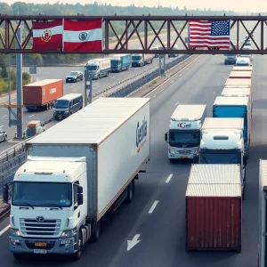 Trucks and cargo at an international border representing trade dynamics