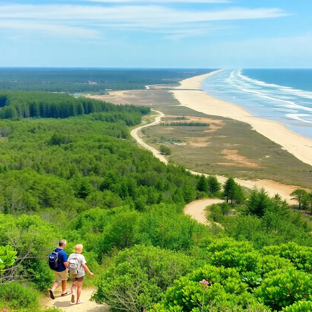 Hikers on Jockey's Trail in Kill Devil Hills surrounded by nature