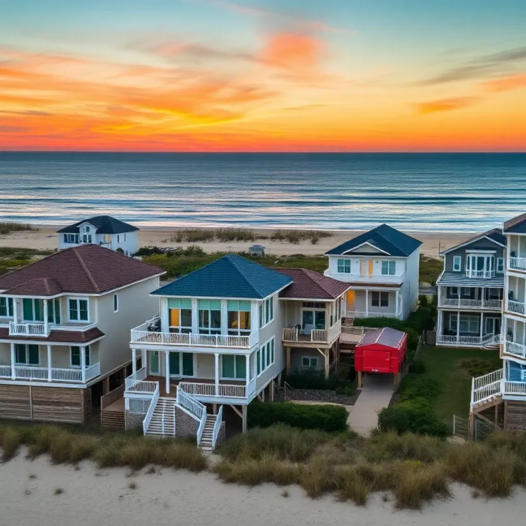 Colorful beach homes lined up along the coast in Kill Devil Hills, NC