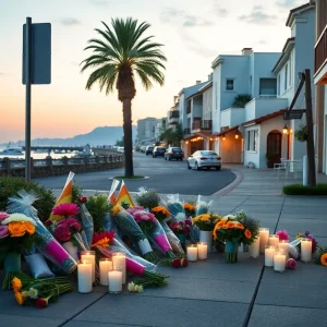 A memorial for a pedestrian accident in Kitty Hawk with flowers and candles.