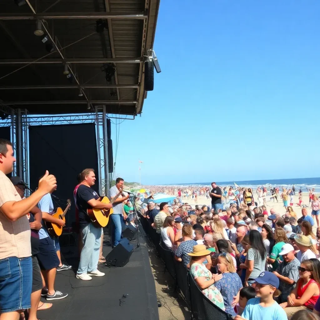 A lively concert in the Outer Banks with diverse musicians and an enthusiastic audience.