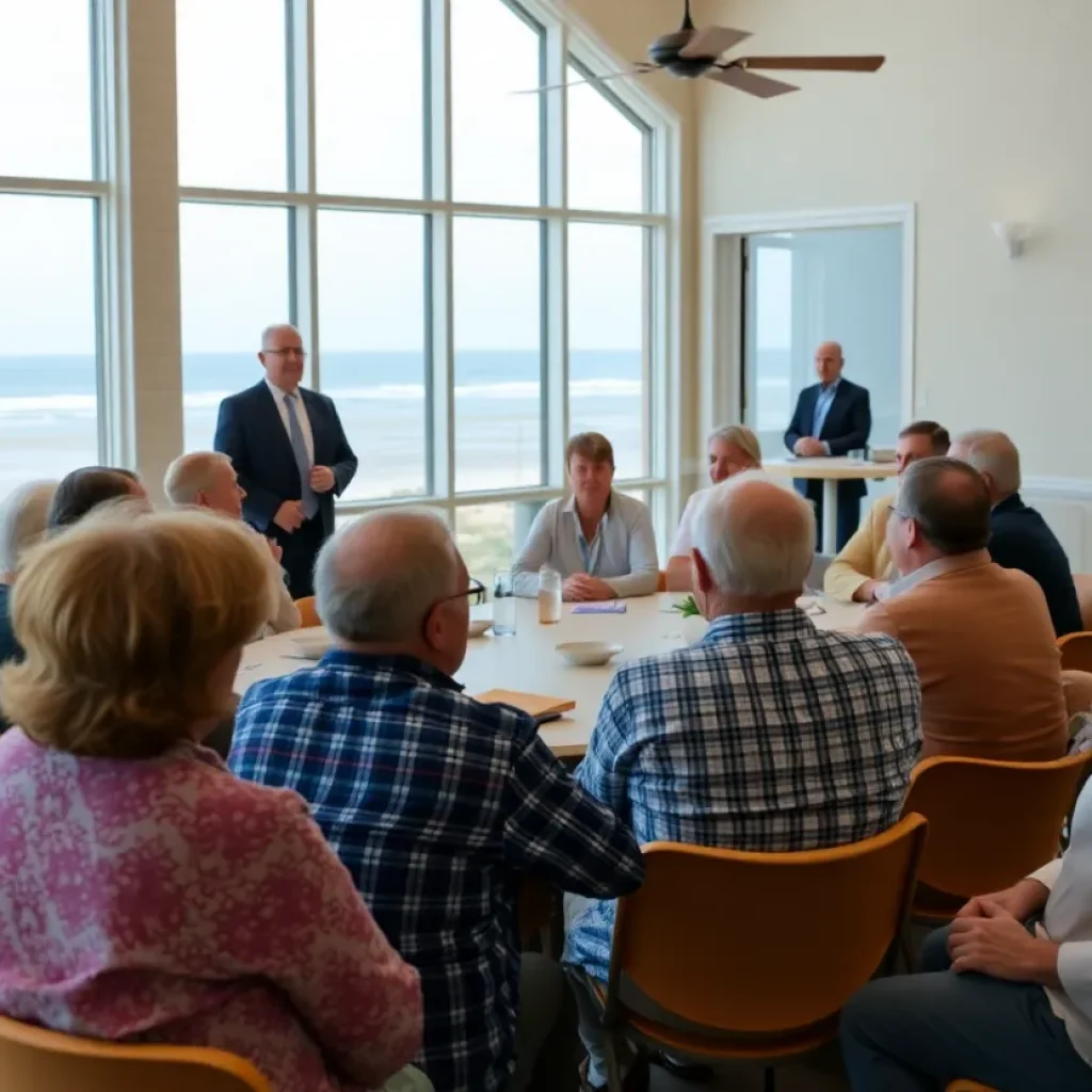 Residents at a community meeting discussing homeowners insurance rate increases