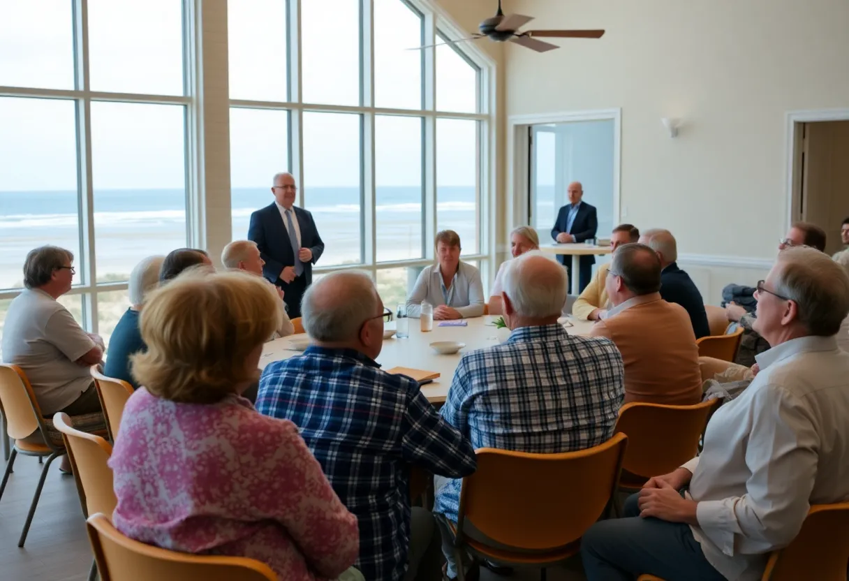 Residents at a community meeting discussing homeowners insurance rate increases