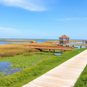 View of Nags Head living shoreline with coastal plants and boardwalks