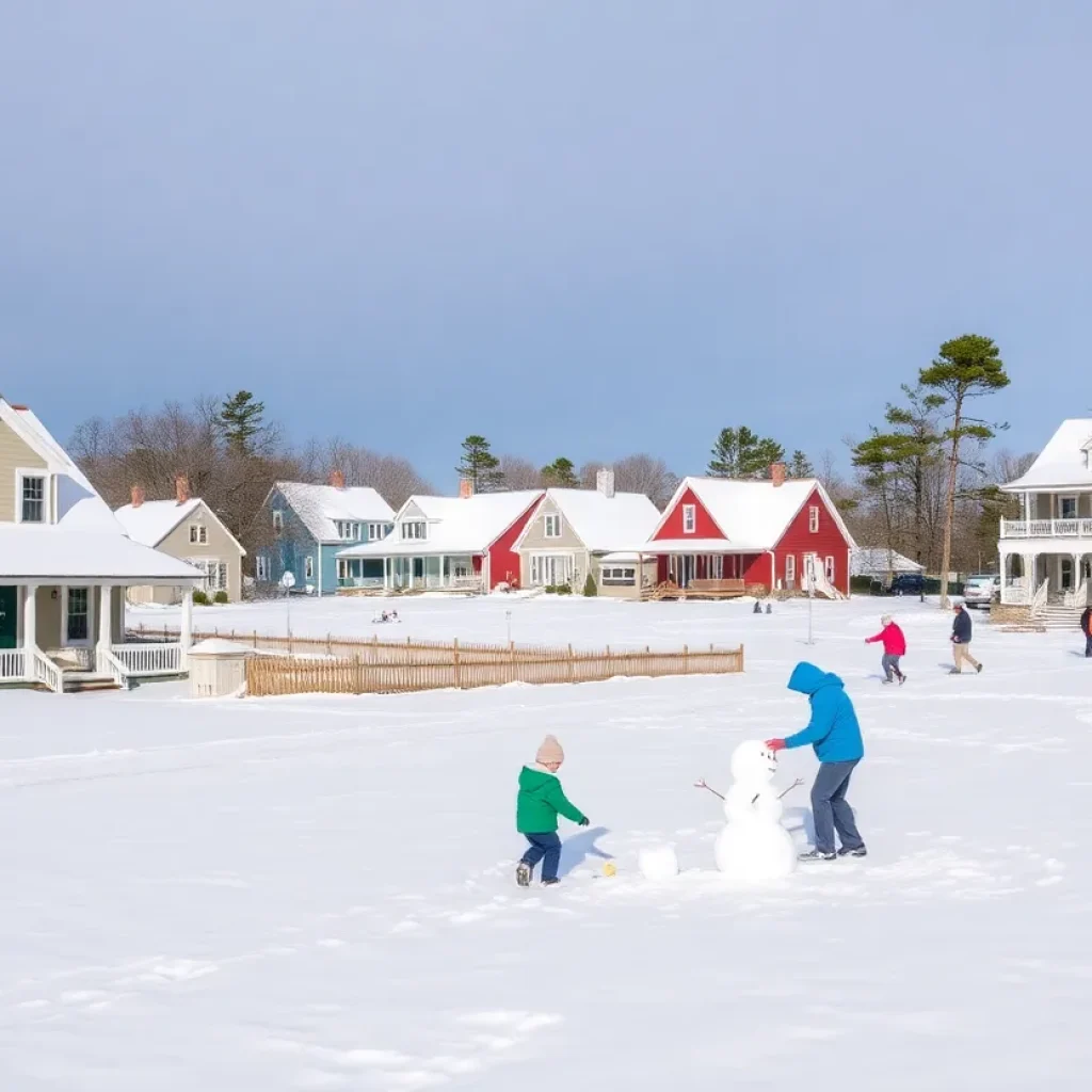 Ocracoke Island covered in snow with locals enjoying winter activities.