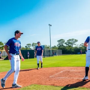 A lively baseball game taking place in the Outer Banks featuring the new Flying Dutchmen team.