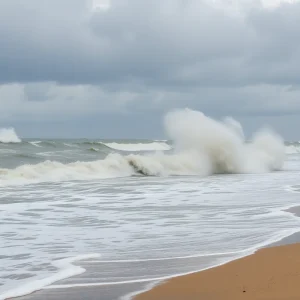 Outer Banks shoreline affected by high winds and flooding