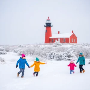 Snow-covered Bodie Island Lighthouse in the Outer Banks