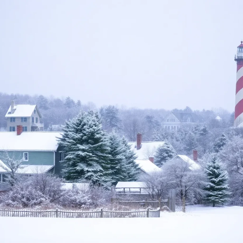 Outer Banks winter scene with snow and Bodie Island Lighthouse