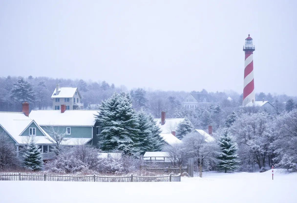 Outer Banks winter scene with snow and Bodie Island Lighthouse