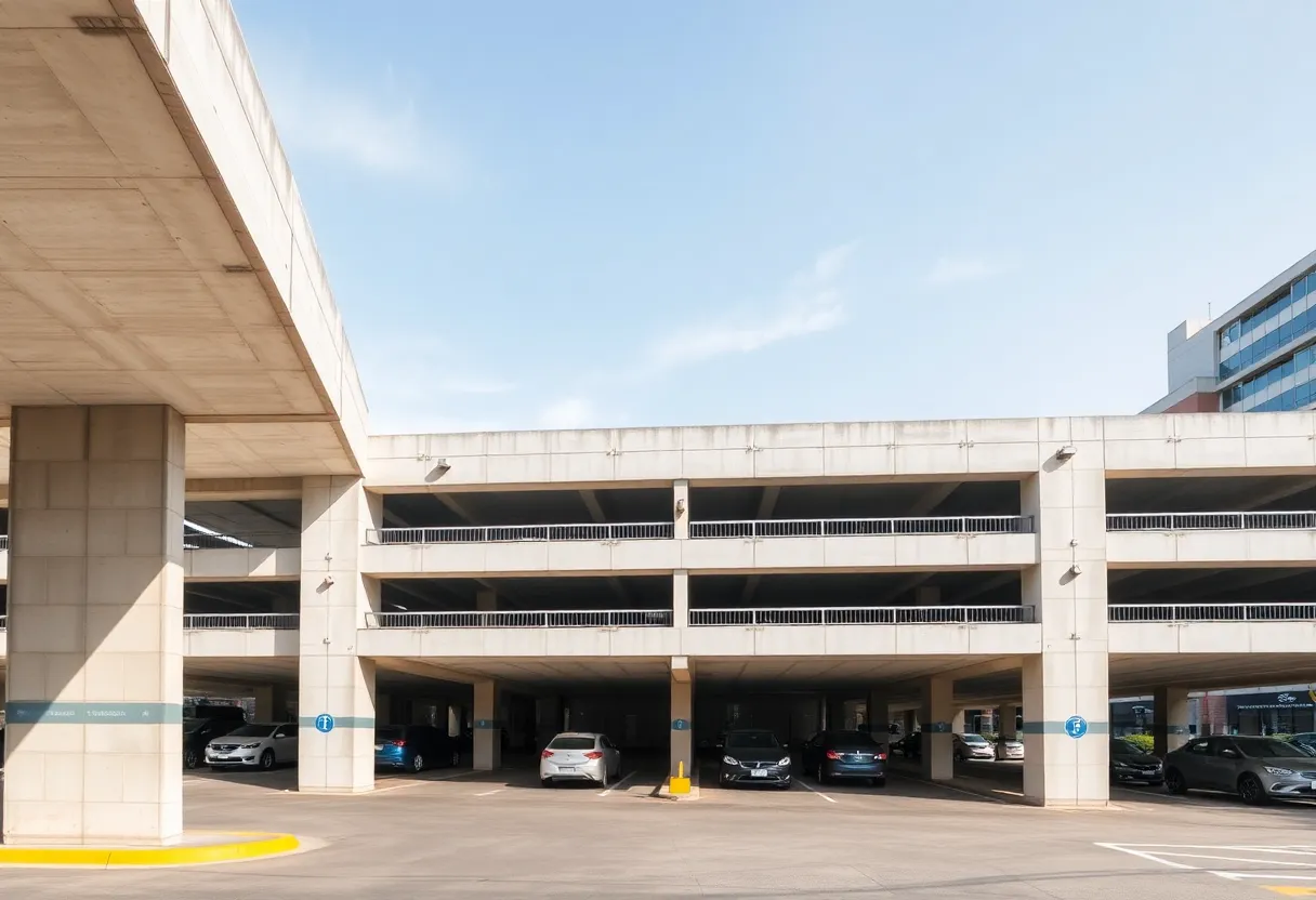 Modern precast concrete parking garage in urban setting