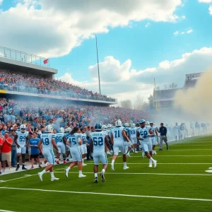 Excited fans and players on the football field during recruitment season.