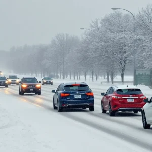 Scene of winter storm conditions with heavy snow and difficult driving.